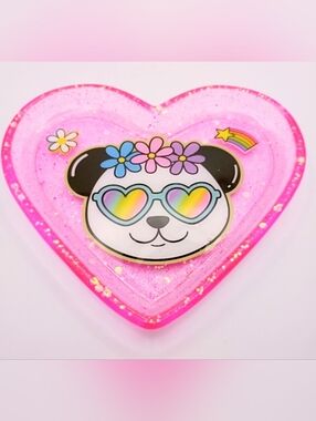 Handmade Pink Resin Heart Panda Trinket Dish Glitter Jewelry Tray Cute Gift